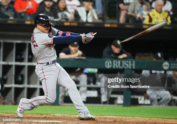 Boston Red Sox center fielder Enrique Hernandez beaks his bat in the seventh inning during a Major League Baseball game between the Boston Red Sox...