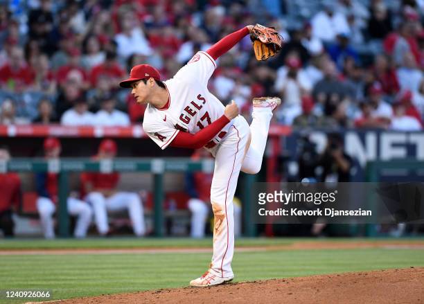 Starting pitcher Shohei Ohtani of the Los Angeles Angels throws against the Toronto Blue Jays during the third inning at Angel Stadium of Anaheim on...