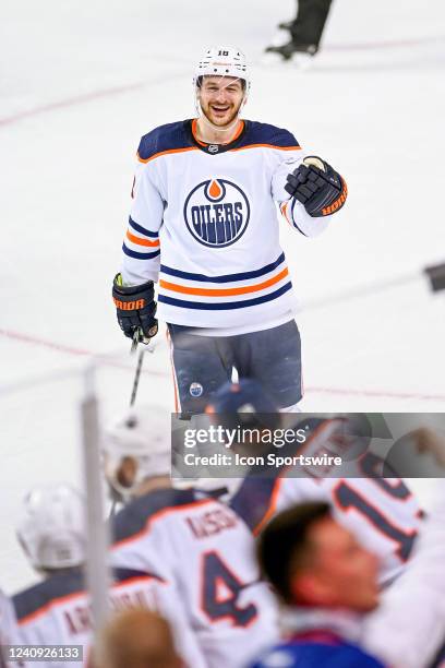 Edmonton Oilers Right Wing Zach Hyman celebrates a goal during the second period of game 5 of the second round of the NHL Stanley Cup Playoffs...