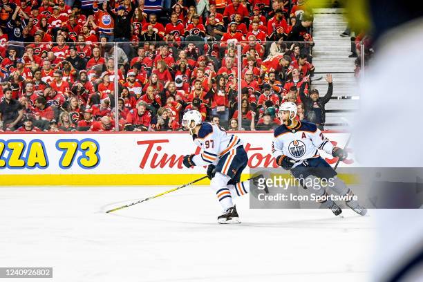 Edmonton Oilers Center Connor McDavid celebrates his series winning goal against the Calgary Flames during the first overtime period of game 5 of the...