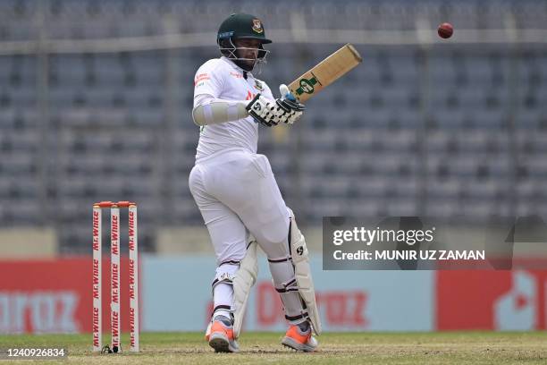 Bangladesh's Shakib Al Hasan plays a shot during the final day of the second Test cricket match between Bangladesh and Sri Lanka at the Sher-e-Bangla...