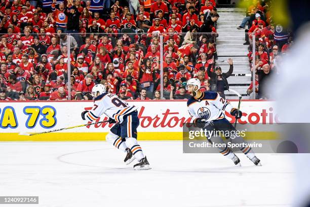 Edmonton Oilers Center Connor McDavid celebrates his series winning goal against the Calgary Flames during the first overtime period of game 5 of the...