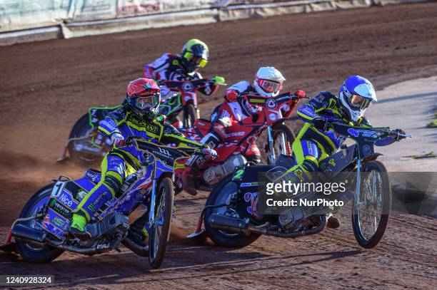 Jack Holder and Craig Cook lead Max Fricke and Tom Brennan during the SGB Premiership match between Sheffield Tigers and Belle Vue Aces at Owlerton...