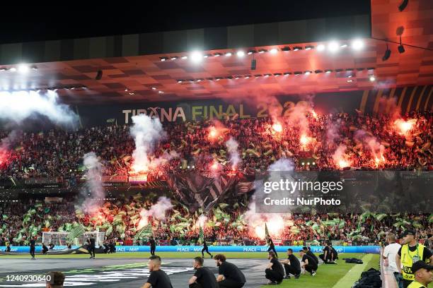 Supporters of Feyenoord Rotterdam during the UEFA Conference League Final match between AS Roma and Feyenoord at Arena Kombetare, Tirana, Albania on...