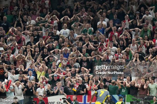 Supporters of Feyenoord Rotterdam look dejected during the UEFA Conference League Final match between AS Roma and Feyenoord at Arena Kombetare,...