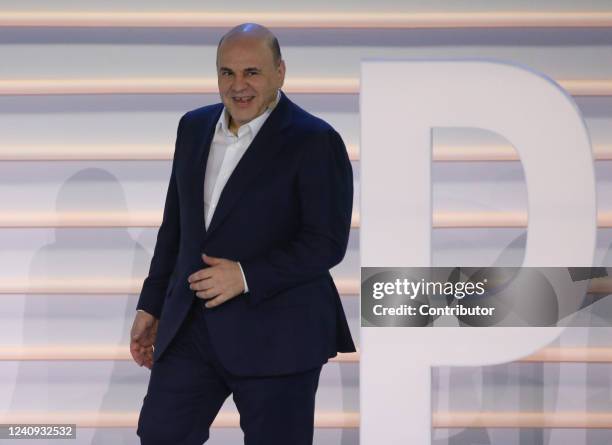 Russian Prime Minister Mikhail Mishustin enters the hall during the 2022 Leaders of Russia Forum's event on May 27, 2022 in Moscow, Russia. Russian...