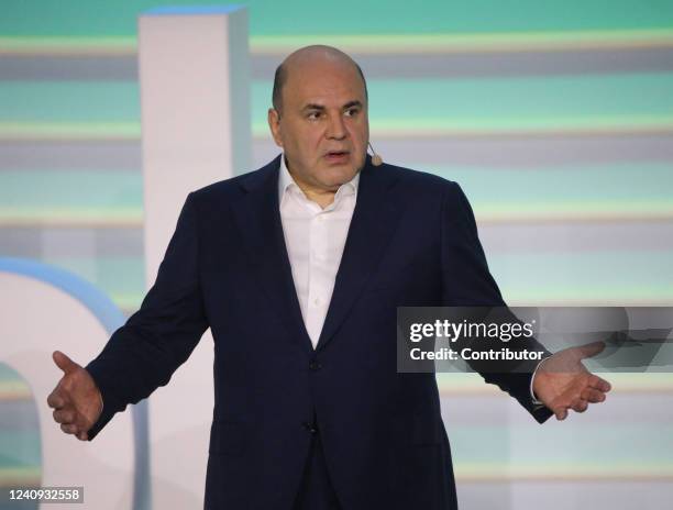 Russian Prime Minister Mikhail Mishustin gives a speech during the 2022 Leaders of Russia Forum's event on May 27, 2022 in Moscow, Russia. Russian...