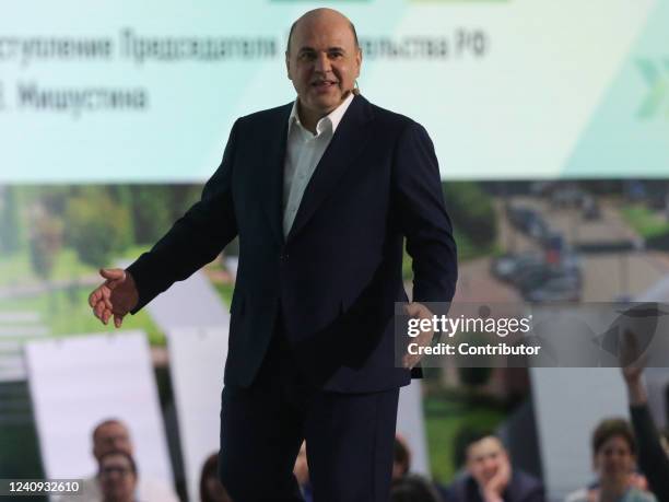 Russian Prime Minister Mikhail Mishustin gives a speech during the 2022 Leaders of Russia Forum's event on May 27, 2022 in Moscow, Russia. Russian...