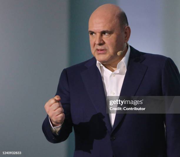 Russian Prime Minister Mikhail Mishustin gives a speech during the 2022 Leaders of Russia Forum's event on May 27, 2022 in Moscow, Russia. Russian...