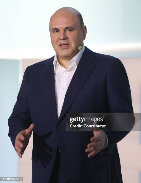 Russian Prime Minister Mikhail Mishustin gives a speech during the 2022 Leaders of Russia Forum's event on May 27, 2022 in Moscow, Russia. Russian...