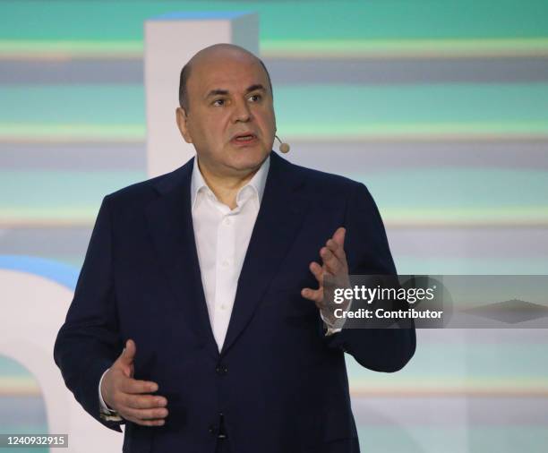 Russian Prime Minister Mikhail Mishustin gives a speech during the 2022 Leaders of Russia Forum's event on May 27, 2022 in Moscow, Russia. Russian...