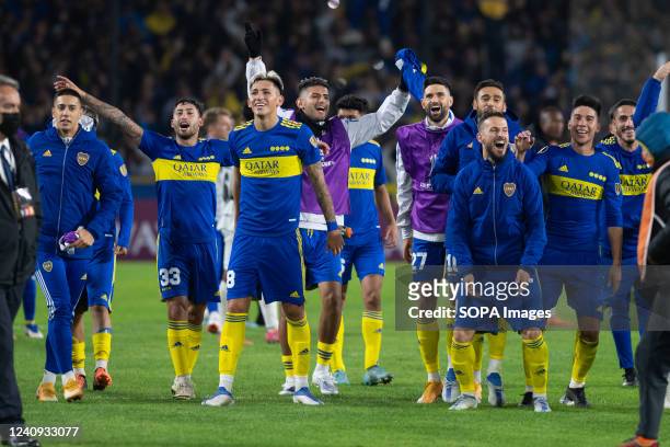 Dario Benedetto, Alan Varela, Guillermo Fernandez, Luis Vazquez and their teammates of Boca Juniors celebrate after the Copa CONMEBOL Libertadores...