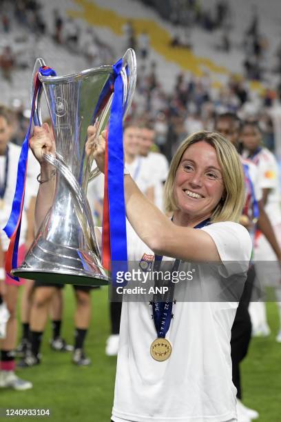 Olympique Lyonnais women trainer coach Sonia Bompastor with the UEFA women champions league trophy during the UEFA Women's Champions League Final...