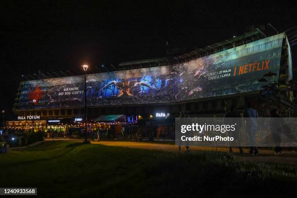 Huge banner advertising the premiere of the fourth season of 'Stranger Things' series on Netflix is seen on the former Forum Hotel building in...