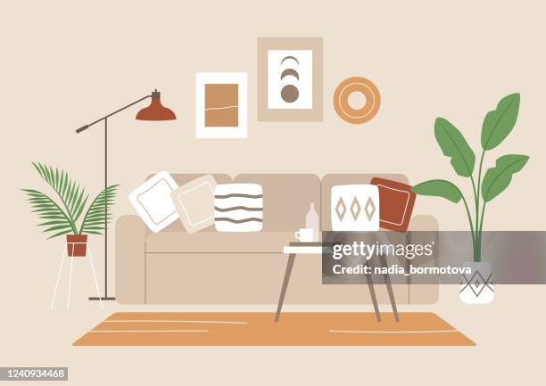 boho style interior, a sofa with pillows, picture frames, and plants, millennial lifestyle, no people, empty - messy table stock illustrations