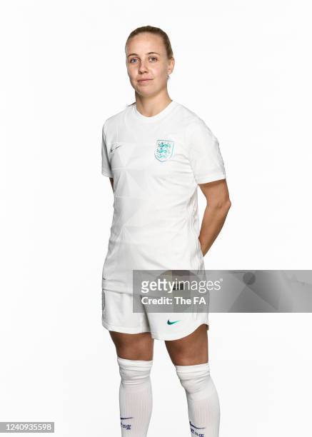 In this image released on May 25 Beth Mead of England poses during the England Women Kit Shoot at St George's Park on February 15, 2022 in Burton...