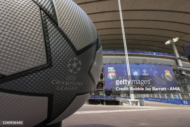 Giant replica UEFA Champions League Final ball is seen outside Stade de France ahead of a Liverpool FC Training Session at Stade de France on May 27,...