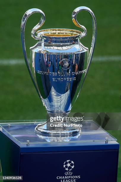 Champions League trophy at Stade de France on May 27, 2022 in Paris, France. Liverpool will face Real Madrid in the UEFA Champions League final on...