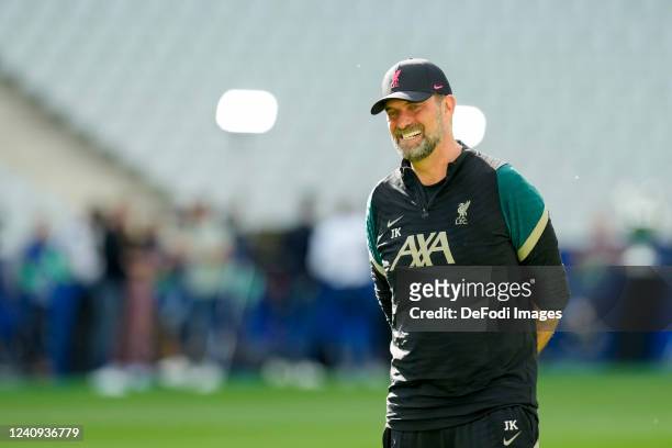 Head coach Juergen Klopp of Liverpool FC laughs during the UEFA Champions League Final 2021/22 Liverpool FC Training Session at Stade de France on...