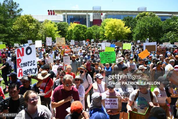 Gun rights activists and supporters protest outside the National Rifle Association Annual Meeting at the George R. Brown Convention Center, on May 27...