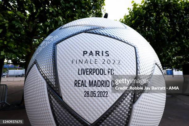 Giant UEFA Champions League Paris Finale 2022 replica match ball ahead of a Liverpool FC Training Session at Stade de France on May 27, 2022 in...