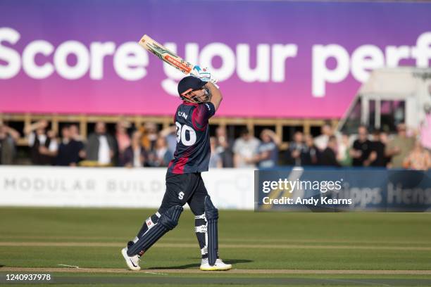 Chris Lynn of Northamptonshire Steelbacks hits the ball over the boundary for six during the Vitality T20 Blast match between Northamptonshire...