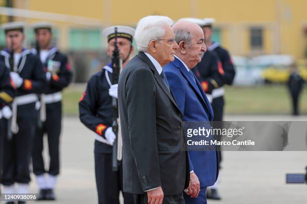 The president of Algeria, Abdelmadjid Tebboune, departing from Naples, arrives at the Capodichino airport for the military honors, together with the...