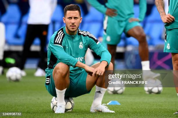 Real Madrid's Belgian forward Eden Hazard attends a training session at the Stade de France in Saint-Denis on May 27 on the eve of their UEFA...