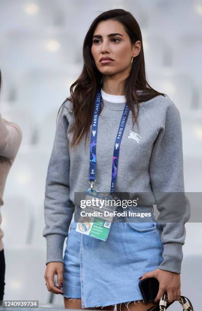 Sandra Garal, girlfriend of Marco Asensio of Real Madrid CF looks on during the UEFA Champions League Final 2021/22 Real Madrid Training Session at...