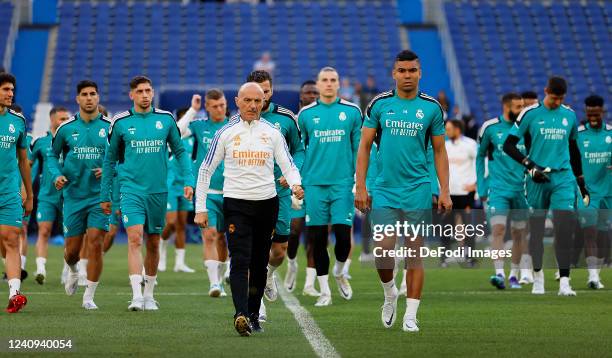 Antonio Pintus and Carlos H. Casemiro of Real Madrid CF looks on during the UEFA Champions League Final 2021/22 Real Madrid Training Session at Stade...