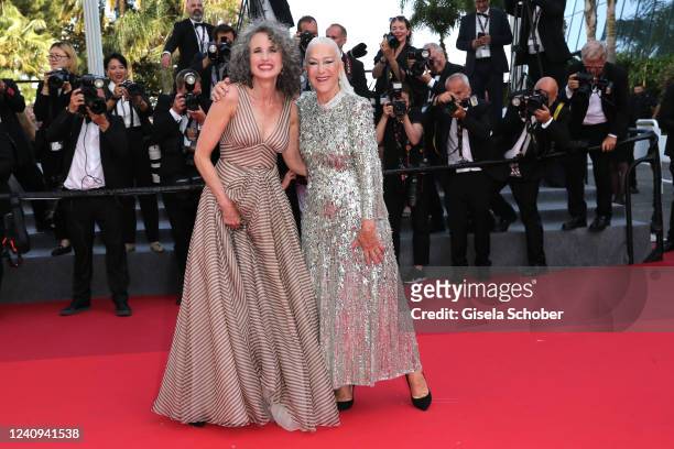 Andie MacDowell and Helen Mirren dance during the screening of "Mother And Son " during the 75th annual Cannes film festival at Palais des Festivals...