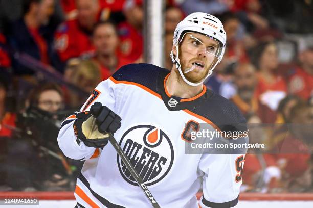 Edmonton Oilers Center Connor McDavid looks on after a whistle during the third period of game 5 of the second round of the NHL Stanley Cup Playoffs...