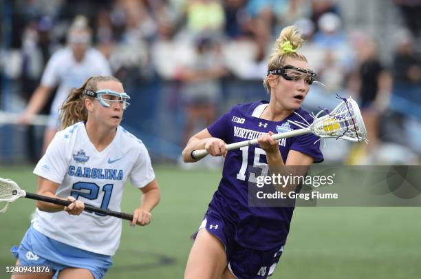 Jill Girardi of the Northwestern Wildcats handles the ball against the North Carolina Tar Heels during the fourth quarter of the Division I Womens...