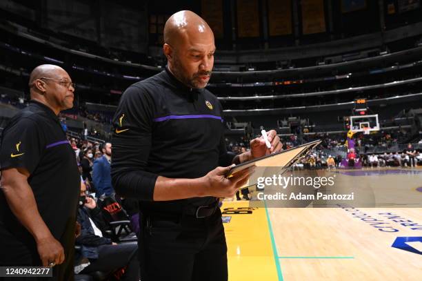 Head Coach Derek Fisher of the Los Angeles Sparks looks on during the game against the Connecticut Sun on May 25, 2022 at Crypto.Com Arena in Los...