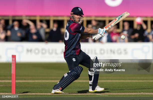 Chris Lynn hits out during the Vitality T20 Blast match between Northamptonshire Steelbacks and Durham Cricket at The County Ground on May 27, 2022...