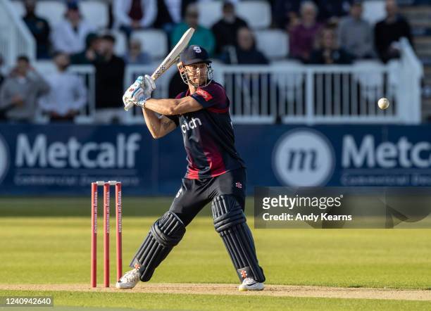 Chris Lynn of Northamptonshire Steelbacks hits out during the Vitality T20 Blast match between Northamptonshire Steelbacks and Durham Cricket at The...