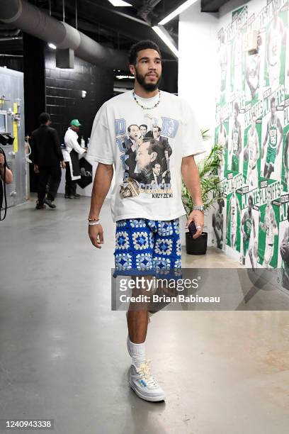 Jayson Tatum of the Boston Celtics arrives at the arena before Game 6 of the 2022 NBA Playoffs Eastern Conference Finals against the Miami Heat on...