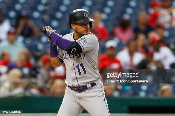 Colorado Rockies shortstop Jose Iglesias waits for the pitch during a regular season game between the Washington Nationals and Colorado Rockies on...