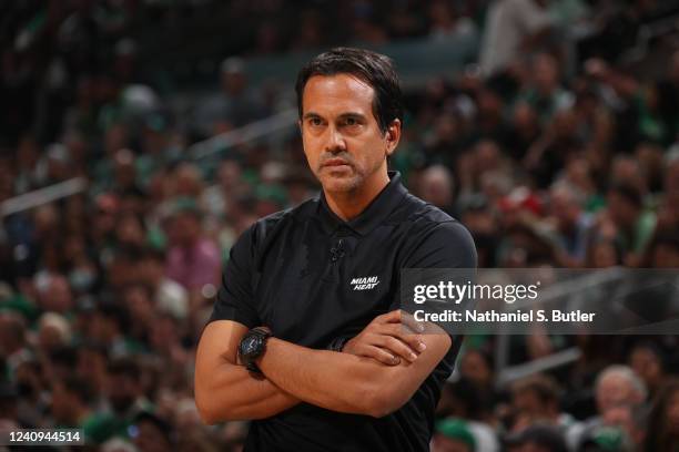 Head Coach Erik Spoelstra of the Miami Heat looks on during Game 6 of the 2022 NBA Playoffs Eastern Conference Finals on May 27, 2022 at the TD...