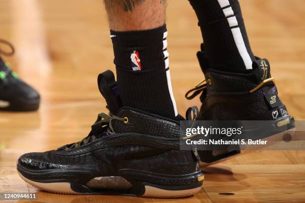 The sneakers worn by Jayson Tatum of the Boston Celtics during Game 6 of the 2022 NBA Playoffs Eastern Conference Finals on May 27, 2022 at the TD...