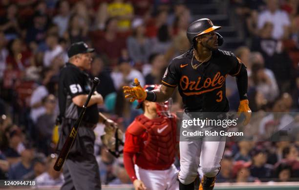 Jorge Mateo of the Baltimore Orioles hits a 2-run home run against the Boston Red Sox during the seventh inning at Fenway Park on May 27, 2022 in...