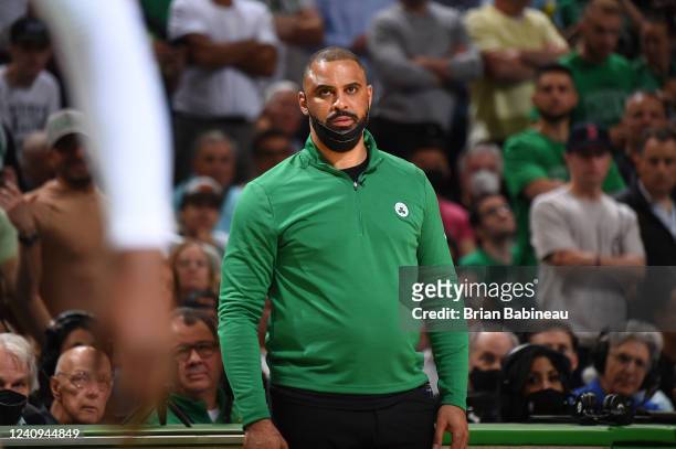 Head Coach Ime Udoka of the Boston Celtics looks on during Game 6 of the 2022 NBA Playoffs Eastern Conference Finals against the Miami Heat on May...