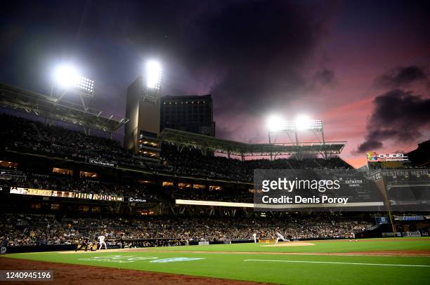 General view of Jose Quintana of the Pittsburgh Pirates pitching to Jake Cronenworth of the San Diego Padres during the fifth inning of a baseball...