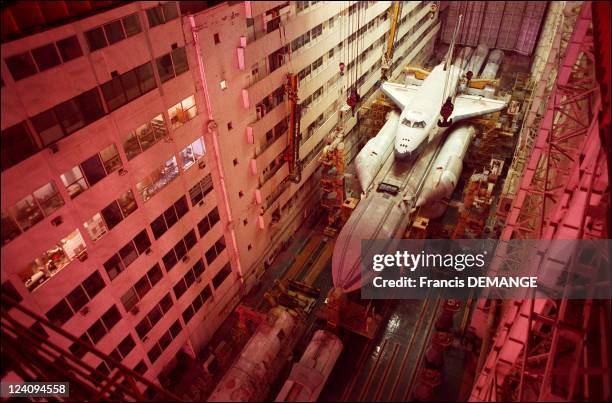 The Bourane space shuttle and the Energia rocket, its launcher, in its Baikonour hangar In Baikonur, Kazakhstan On November 22, 1999.