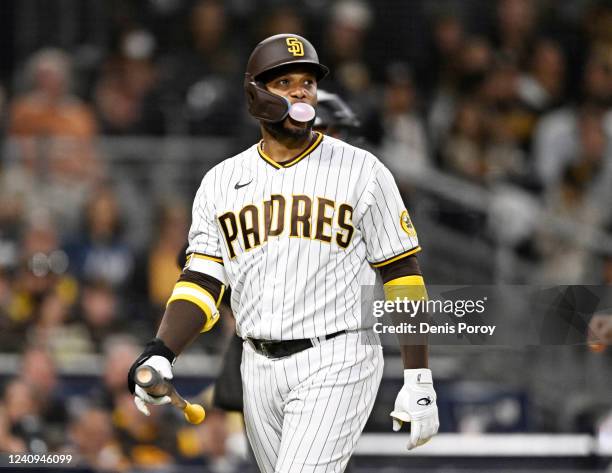 Robinson Cano of the San Diego Padres blows a bubble after striking out during the seventh inning of a baseball game against the Pittsburgh Pirates...