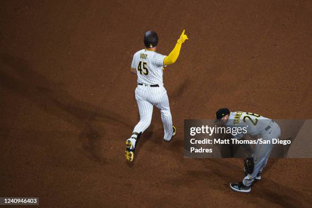 Luke Voit of the San Diego Padres celebrates after hitting a home run in the sixth inning against the Pittsburgh Pirates on May 27, 2022 at Petco...