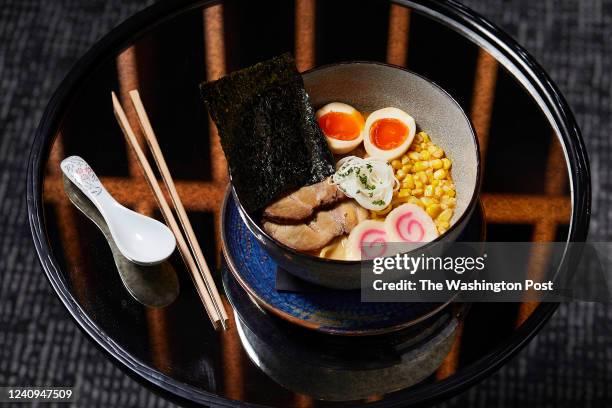 Country miso ramen with egg noodles, chashu pork, corn, 7-minute egg and rich miso broth at Wren photographed in Tysons,VA on January 7, 2022. .