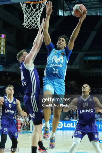 Felipe Dos Anjos of Movistar Estudiantes during the first basketball game of the LEB Oro Playoffs between Movistar Estudiantes vs Real Valladolid at...
