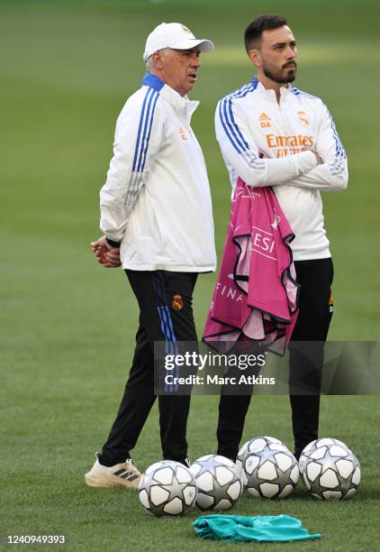 Carlo Ancelotti Head coach of Real Madrid and Son/assistant Davide Ancelotti during the Real Madrid Training Session at Stade de France on May 27,...