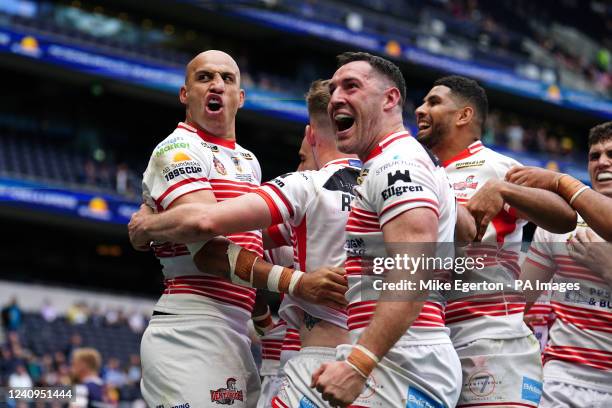 Leigh Centurions' Blake Ferguson celebrates a try during the AB Sundecks 1895 Cup final at the Tottenham Hotspur Stadium, London. Picture date:...